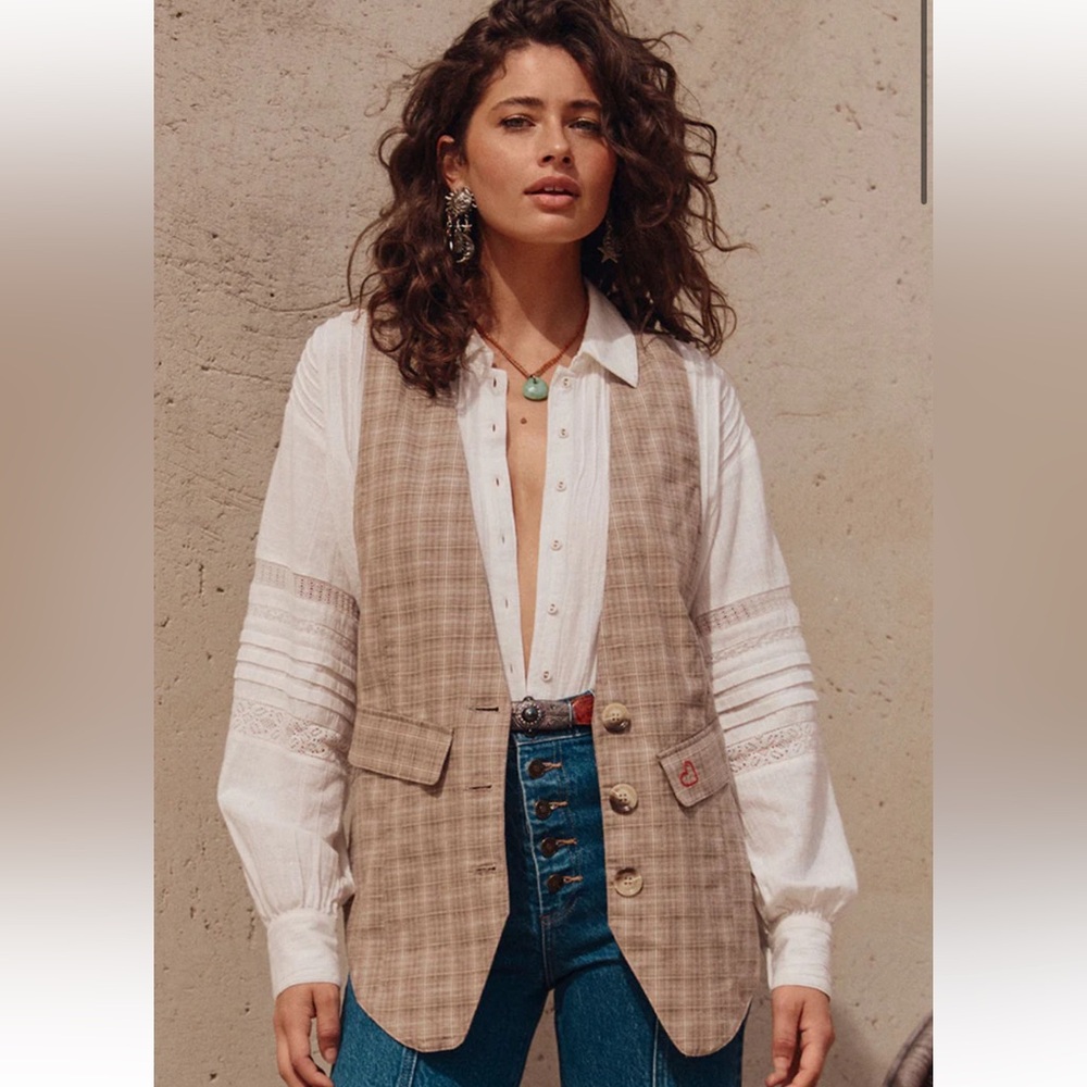 Spell Tan Plaid Linen-Blend Vest